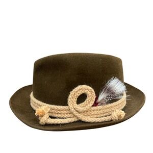 Churchill Ltd Brown Fedora Hat with Rope Band & Feather Accent Size 7 3/8‎